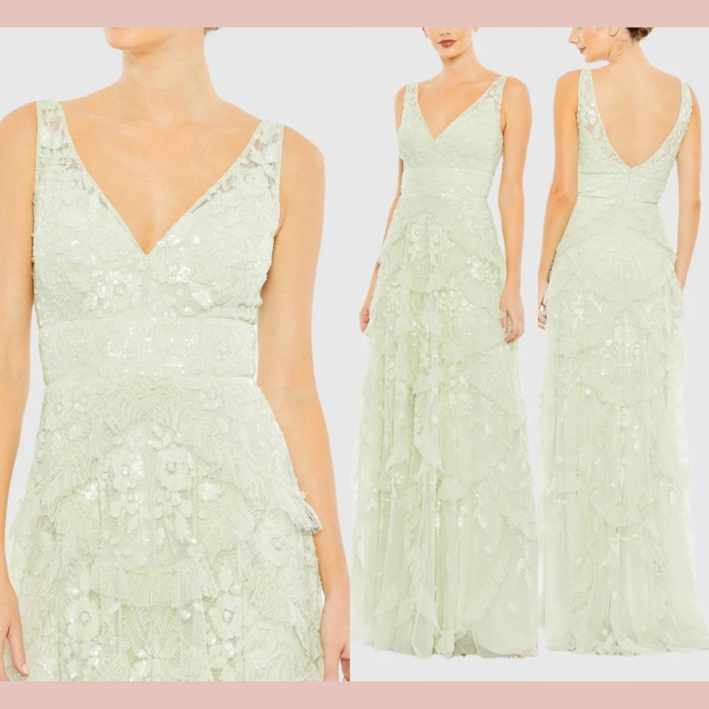 NWT MAC DUGGAL [ 2 ] 9162 Sequined Scallop Ruffle Tiered V-Neck‎ Gown Sage J2185